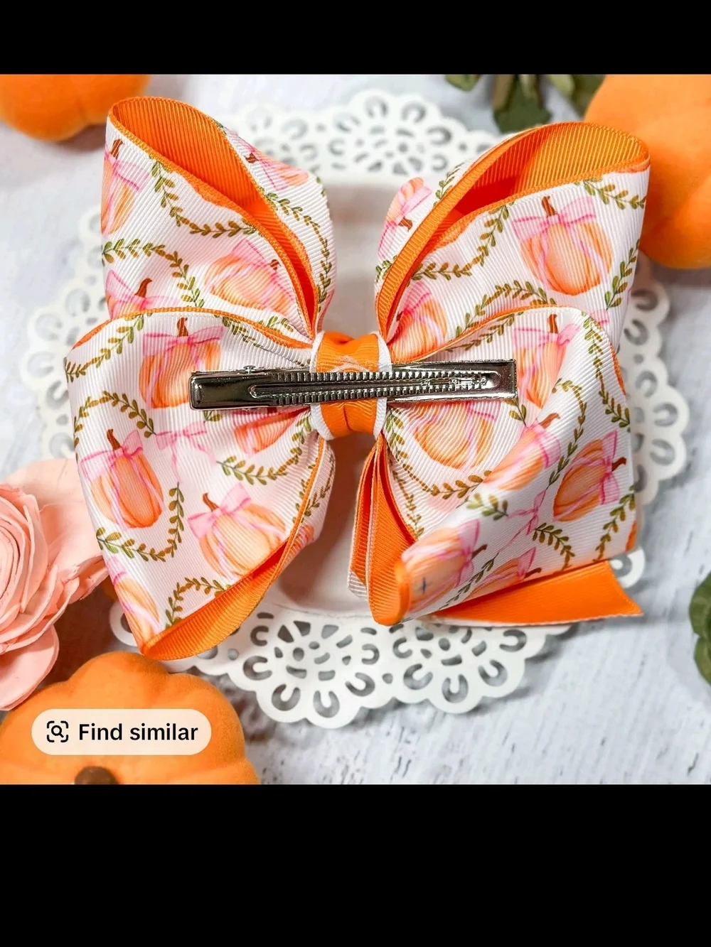 Girls Pumpkin Print Hair Bow - Pink & Orange Fall Ribbon Bow